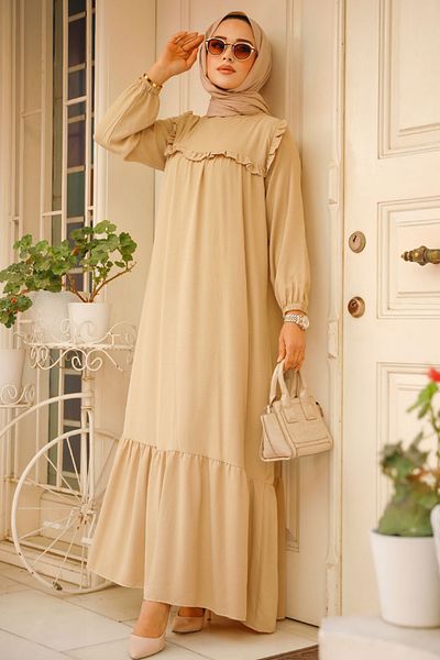 Neva Style Rochie Hijab Bej cu Detaliu Volan 7681bej