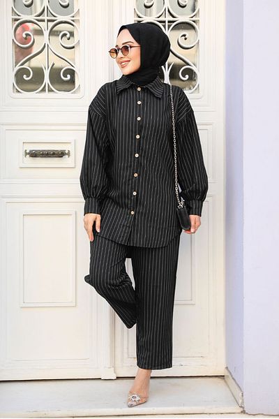 Neva Style Set dublu Hijab negru cu dungi 2893S