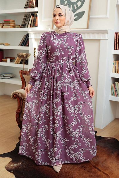 Neva Style Floral Patterned Dark Rose Hijab Dress 56830Kgk