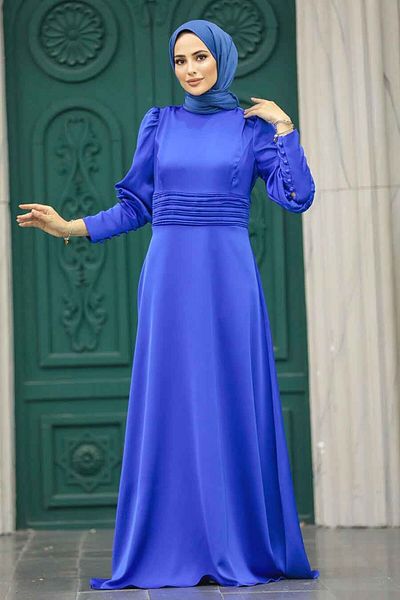 Neva Style Satin Sax Blue Hijab Evening Dress 4171Sx