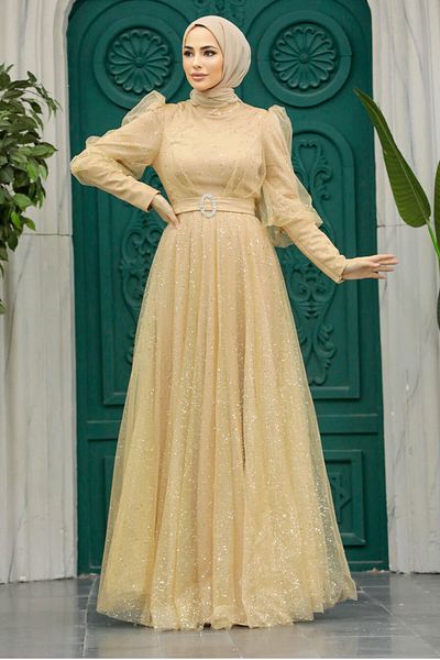 Neva Style Rochie de seara Hijab - Rochie de seara Hijab auriu argintiu 23041aur