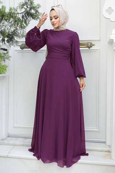 Neva Style Rochie de seară hijab mov cu mâneci balon 5470mor