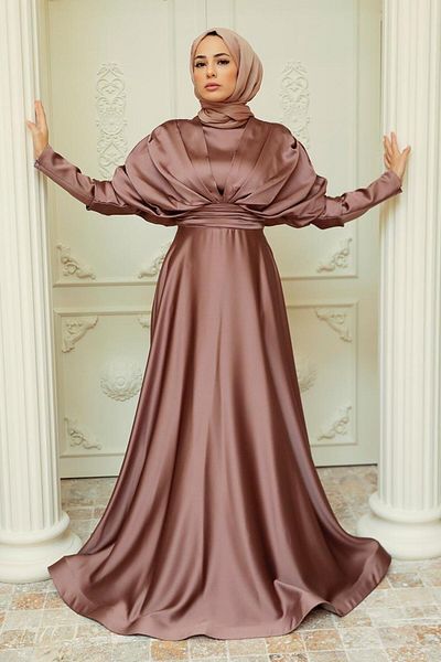 Neva Style فستان سهرة حجاب من الساتان النحاسي 22470bkr
