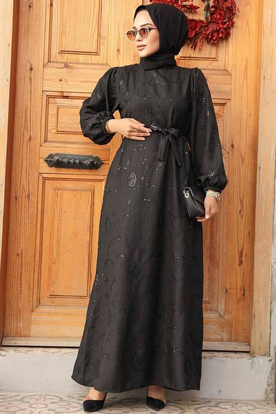 Neva Style فستان حجاب أسود منقوش بالزهور 30441S