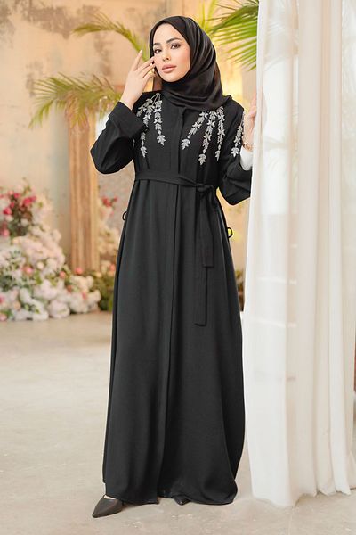 Neva Style Hijab negru cu model de broderie Ferace 29104S