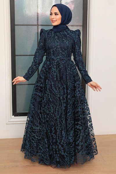 Neva Style Lacy Navy Blue Hijab Evening Dress 22780L