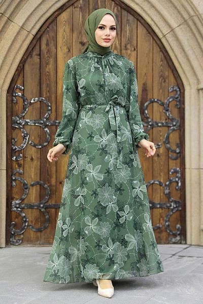 Neva Style Φόρεμα με λουλουδάτο μοτίβο Çağla Green Hijab 279079cy