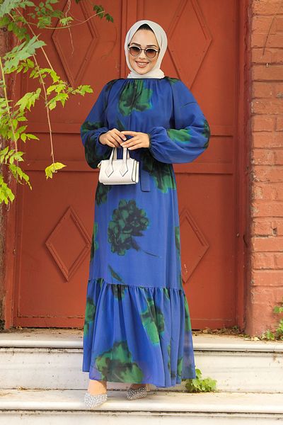Neva Style Rochie Hijab cu imprimeu floral albastru Indigo - 60942IM