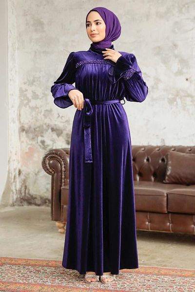 Neva Style - Rochie mov din catifea Hijab cu centura 37291violet