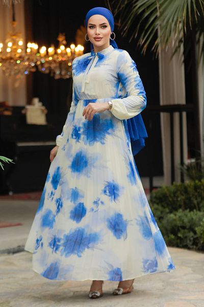 Neva Style Patterned Blue Hijab Dress 50356M