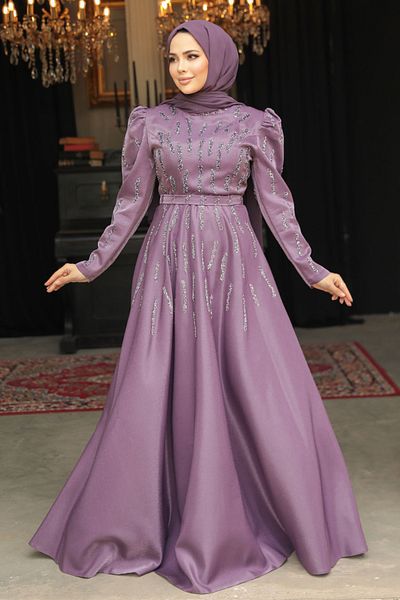 Neva Style Rochie de seara cu hijab - Rochie de seara hijab liliac inchis brodata cu margele 51891klıla