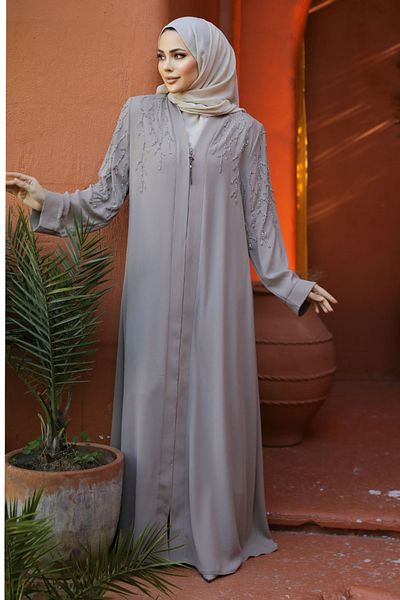 Neva Style Beige Hijab Abaya - Bead Embroidered, Model 29110BEIGE