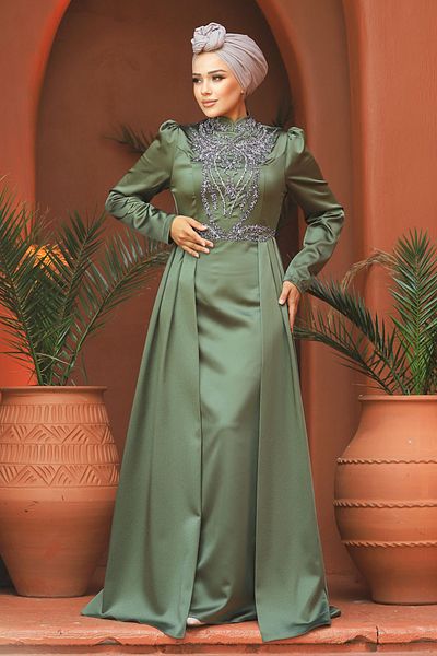 Neva Style فستان سهرة من الساتان الكاكي المحتشم مع ذيل 25878hk