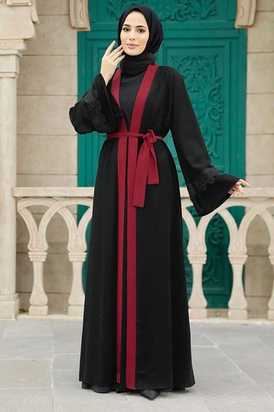 Neva Style Burgundy Hijab Abaya with Belt 55440Br