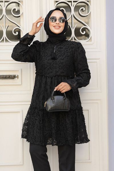 Neva Style Tunica Hijab Neagra - Pliata in straturi, Model 13921S