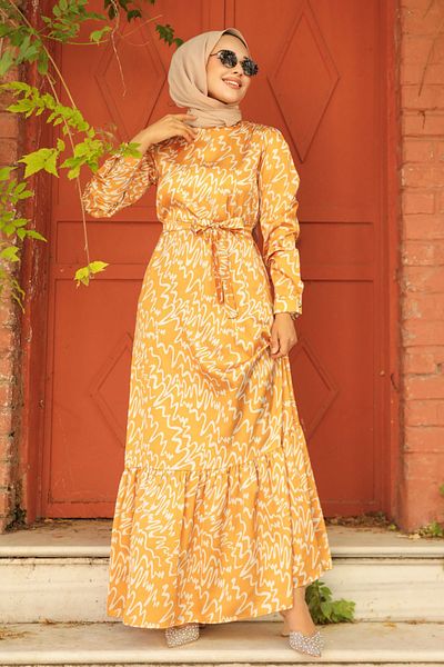 Neva Style - Patterned Mustard Hijab Dress 3430hr