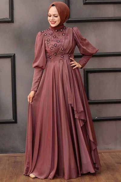 Neva Style فستان سهرة حجاب نحاسي داكن مزين باللؤلؤ 21930kbkr