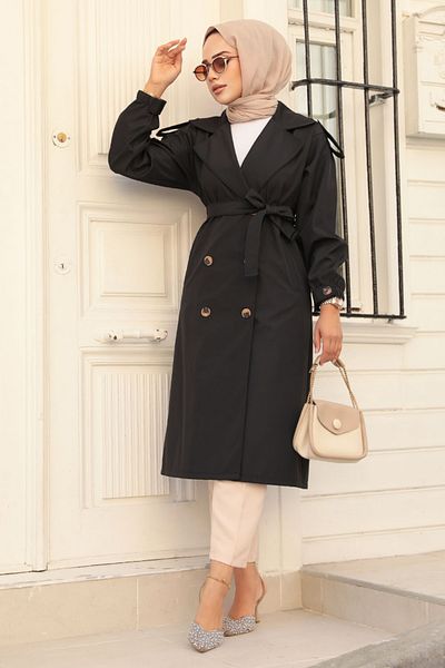 Neva Style Trench Hijab negru cu nasturi 647s