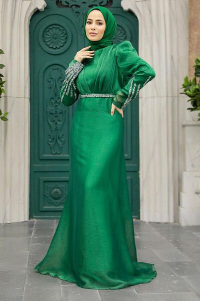 Neva Style Beaded Green Hijab Evening Dress 25854Y