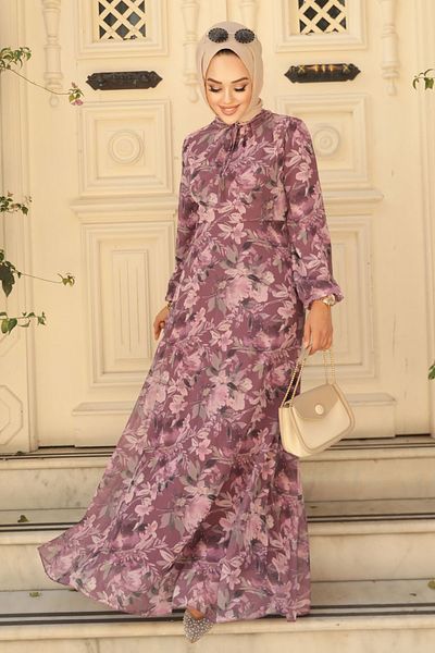 Neva Style Rochie hijab cu model floral trandafir închis 279014 kgk