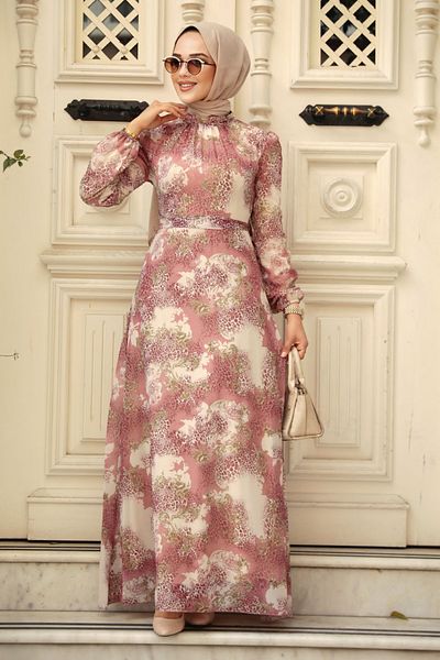 Neva Style Floral Patterned Powder Hijab Dress 27944Pd