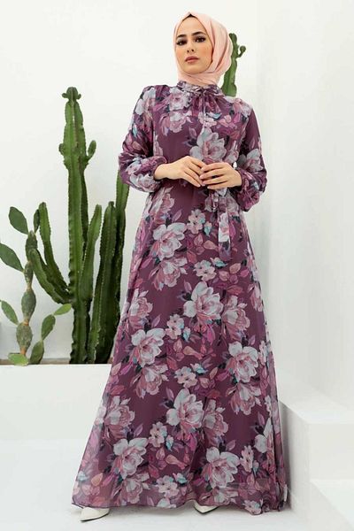 Neva Style Floral Patterned Dark Rose Hijab Dress 279015 Kgk