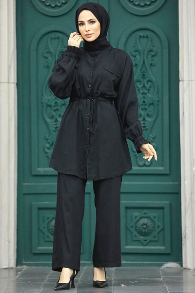 Neva Style Set dublu hijab negru cu buzunar 5899s
