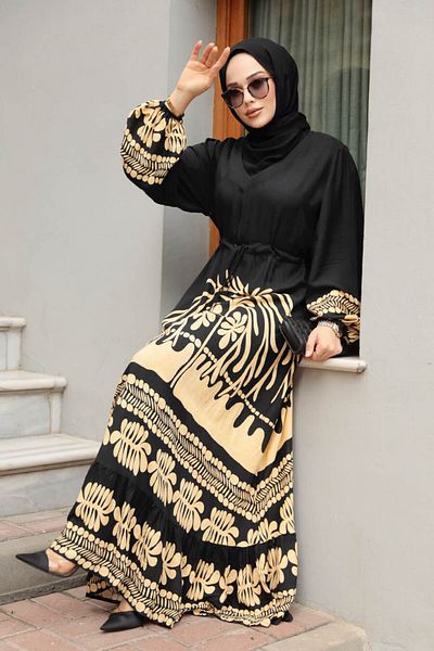 Neva Style Patterned Black Hijab Dress 10237S