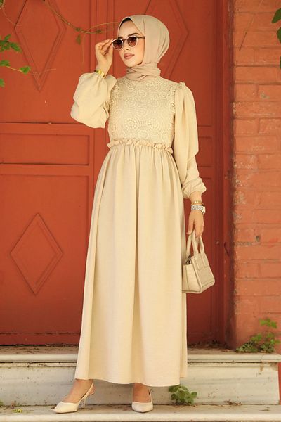 Neva Style Rochie Hijab Bej - Detaliu Guipur, Model 59861BEJ