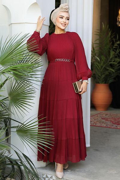 Neva Style Rochie plisată Hijab Burgundy - 44761BR