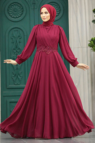 Neva Style Lace Detailed Burgundy Hijab Evening Dress 3435Br