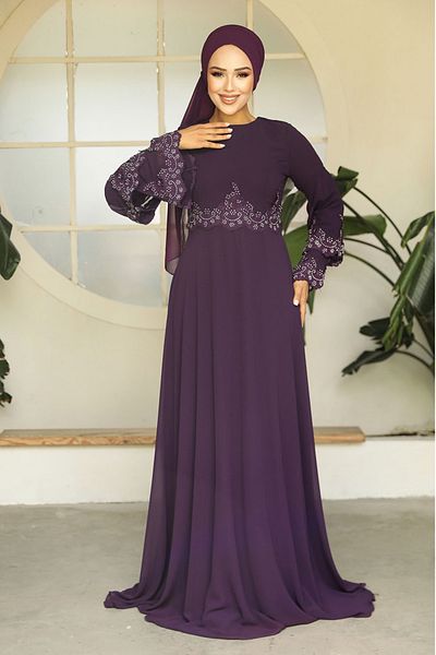 Neva Style Rochie de seară hijab mov brodat cu margele 9181mor
