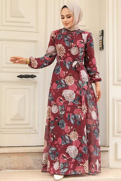 Neva Style Φόρεμα Hijab με λουλούδια μπορντό 279083br