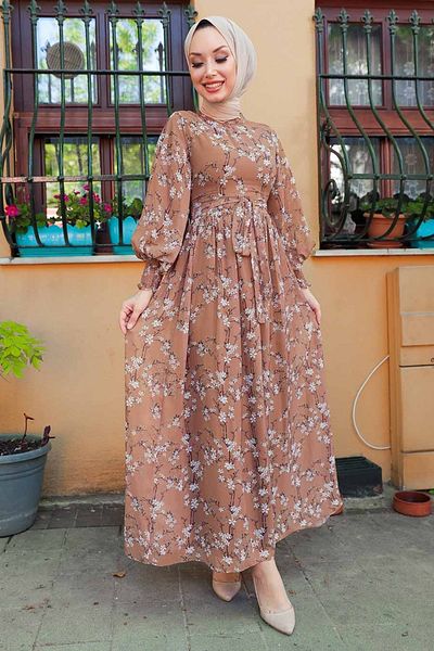 Neva Style Floral Patterned Tan Hijab Dress 5683Tb