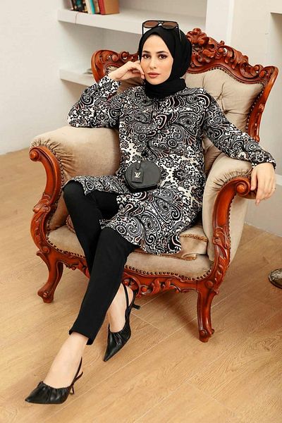 Neva Style تونيك فيسكوز أسود منقوش 11524s