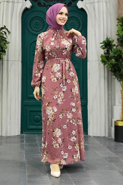 Neva Style Floral Patterned Dusty Rose Hijab Dress 279080 Gk