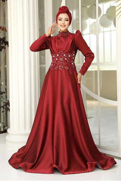 Neva Style Rochie de seara musulmana din satin burgundy brodata cu margele 22640br