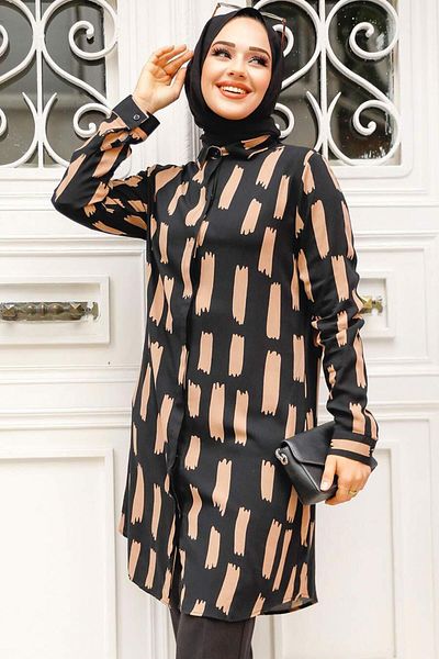 Neva Style Brown Patterned Hijab Tunic - 11683Kh