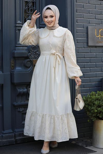 Neva Style Rochie Hijab Bej - Dantela, Model 10034BEJ
