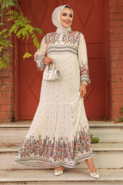N.S NEVA STYLE Patterned Ecru Hijab Dress 50095E