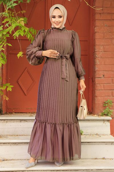 Neva Style Πλισέ Καφέ Φόρεμα Hijab 39651kh