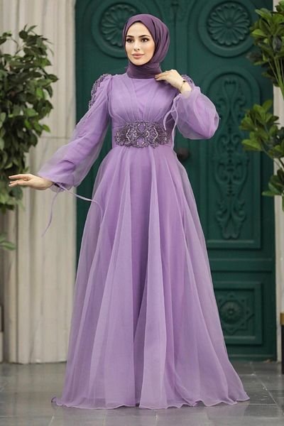 Neva Style Βραδινό φόρεμα με χάντρες λιλά Hijab 2249lıla