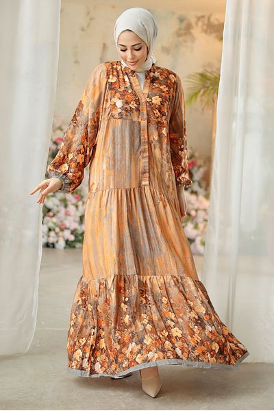 Neva Style Φόρεμα Hijab με λουλουδάτο σχέδιο πορτοκαλί 18235T