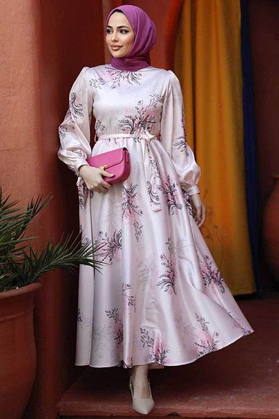 Neva Style Rochie Hijab Pudră Motiv Floral 60911PD