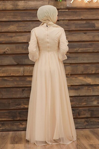 Neva Style Button Detailed Beige Hijab Evening Dress 5478Bej