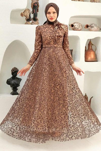 Neva Style Lacy Brown Hijab Evening Dress 22421Kh