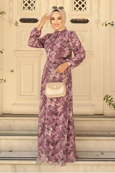 Neva Style Rochie hijab cu model floral trandafir închis 279014 kgk