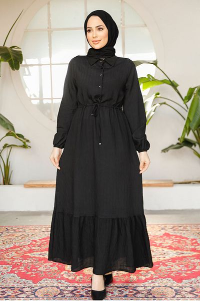 Neva Style Rochie islamică neagră cu tiv cu volan 23181S