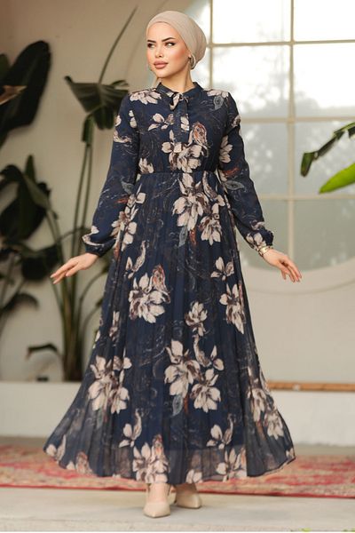 Neva Style Floral Patterned Navy Blue Hijab Dress 50355L