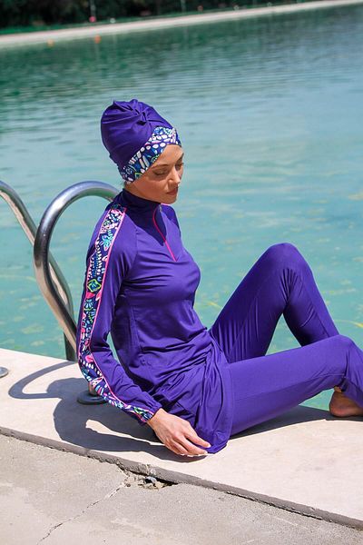 Neva Style Purple Sleeves Patterned Full Covered Hijab Swimsuit M2228MOR